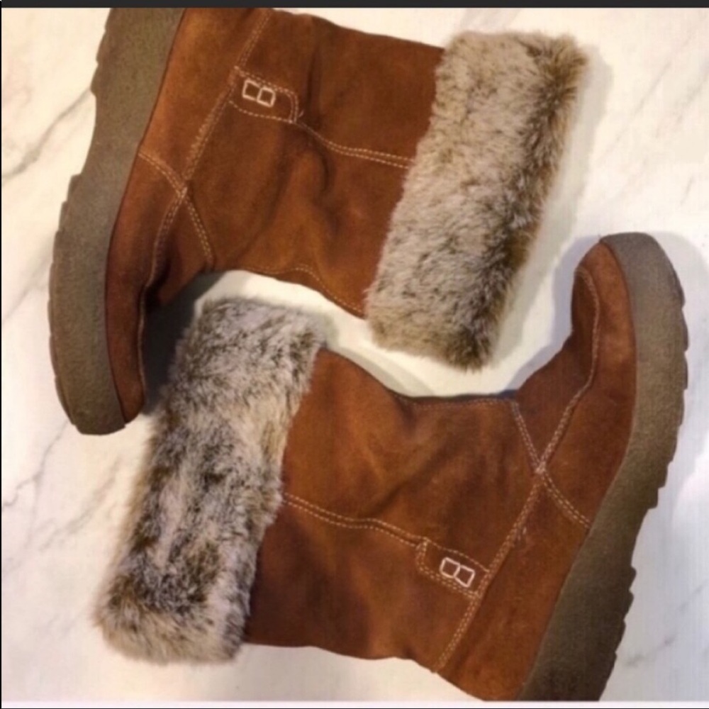 VTG-Boho Brown Cognac Suede Leather Ruby Faux Fur Trim Booties-Size 7